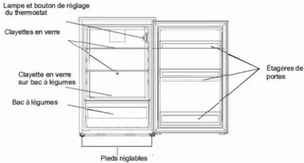 Lampe et bouton de réglage du thermostat Clayettes en verre Clayette en verre sur bac à légumes Bac à légumes Étagères de portes Pieds réglables