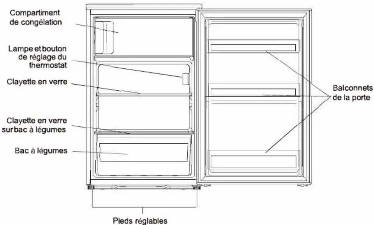 Compartiment de congélation Lampe et bouton de réglage du thermostat Clayette en verre Clayette en verre sur bac à légumes Bac à légumes Balconnets de la porte Pieds réglables