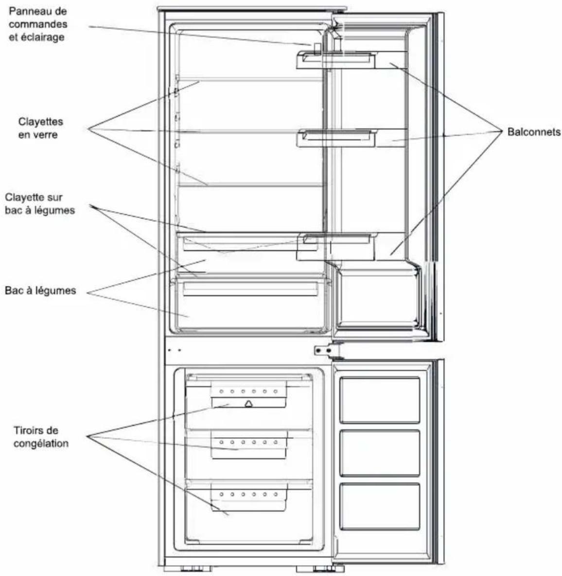 Panneau de commandes et éclairage Clayettes en verre Clayette sur bac à légumes Bac à légumes Balconnets Tiroirs de congélation