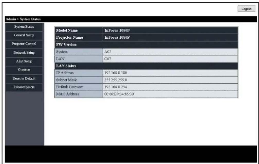 Admin > System Status System Status General Setup Projector Control Network Setup Alert Setup Custron Reset to Default Reboot System Model Name InFocus 1080P Projector Name InFocus 1080P FW Version System A02 LAN C07 LAN Status IP Address 192.168.0.100 Subnet Mask 255.255.255.0 Default Gateway 192.168.0.254 MAC Address 00:60:E9:34:85:30 Logout