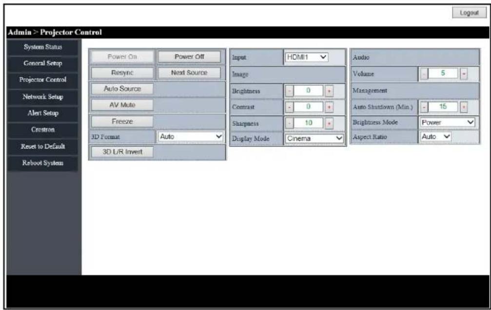 Admin > Projector Control System Status General Setup Projector Control Network Setup Alert Setup Crestron Reset to Default Reboot System Power On Resync Auto Source AV Mute Freeze 3D Format 3D L/R Invert Power Off Next Source Input HDMI1 Image Brightness Contrast Sharpness Display Mode Cinema Audio Volume 5 Management Auto Shutdown (Min.) 15 Brightness Mode Power Aspect Ratio Auto