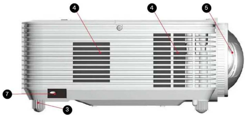 Labeled diagram of a projector with numbered parts for identification
