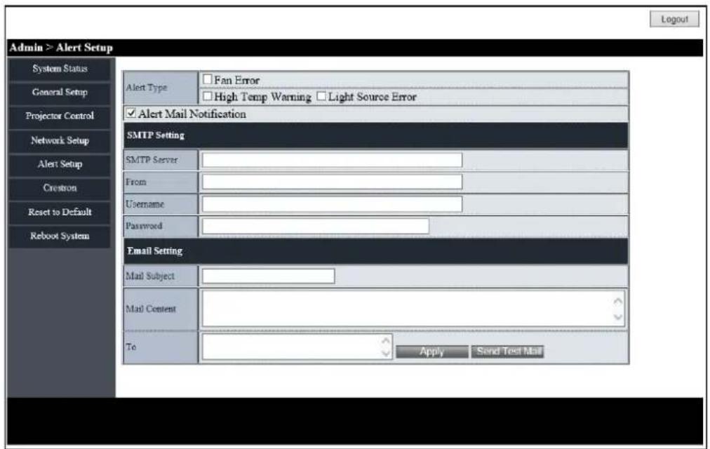 Admin > Alert Setup System Status General Setup Projector Control Network Setup Alert Setup Crestron Reset to Default Reboot System Alert Type Fan Error High Temp Warning Light Source Error Alert Mail Notification SMTP Setting SMTP Server From Username Password Email Setting Mail Subject Mail Content To Apply Send Text Mail Logout