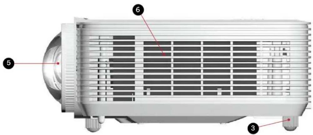 Technical diagram of a projector with numbered parts labeled 3, 5, and 6