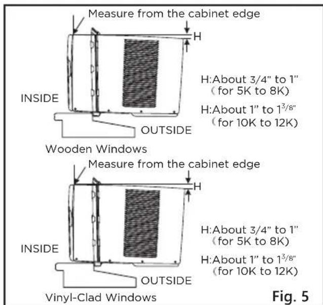 Measure from the cabinet edge INSIDE H OUTSIDE Wooden Windows Measure from the cabinet edge INSIDE H OUTSIDE Vinyl-Clad Windows H:About 3/4" to 1" (for 5K to 8K) H:About 1" to 1³/8" (for 10K to 12K) H:About 3/4" to 1" (for 5K to 8K) H:About 1" to 1³/8" (for 10K to 12K) Fig. 5