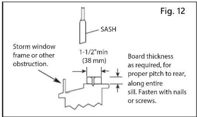 Fig. 12 SASH Storm window frame or other obstruction. 1-1/2"min (38 mm) Board thickness as required, for proper pitch to rear, along entire sill. Fasten with nails or screws.