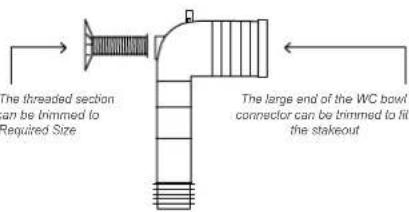 The threaded section can be trimmed to Required Size The large end of the WC bowl connector can be trimmed to fit the stakeout