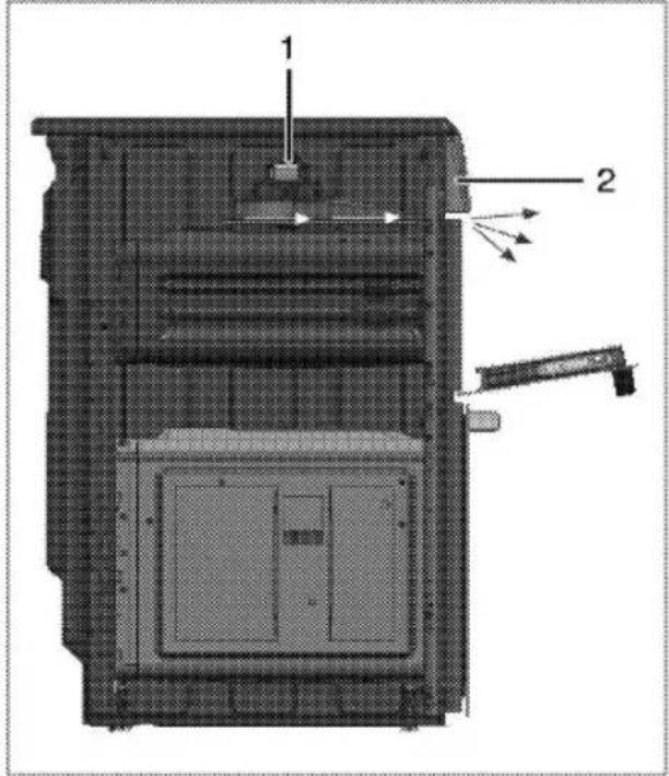 Technical diagram of a mechanical component with labeled parts 1 and 2, showing internal structure and directional arrows.