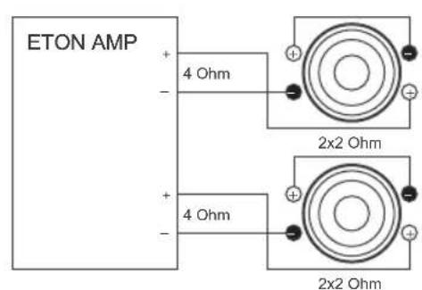 ETON AMP + - 4 Ohm 2x2 Ohm + - 4 Ohm 2x2 Ohm