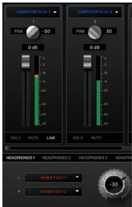 COMPUTER PLAY 1 1 PAN -30 0 dB SOLO MUTE LINK COMPUTER PLAY 2 2 PAN 30 0 dB SOLO MUTE HEADPHONES 1 HEADPHONES 2 HEADPHONES 3 HEADPHO L MIXER 1OUT 1 R MIXER 1OUT 2 -30