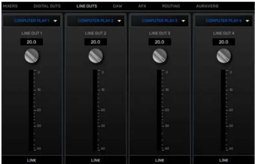 MIXERS DIGITAL OUTS LINE OUTS DAW AFX ROUTING AURAVERB COMPUTER PLAY 1 LINE OUT 1 20.0 COMPUTER PLAY 2 LINE OUT 2 20.0 COMPUTER PLAY 3 LINE OUT 3 20.0 COMPUTER PLAY 4 LINE OUT 4 20.0 LINK LINK LINK LINK