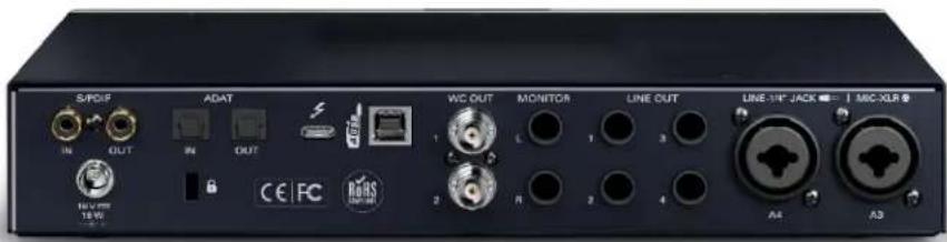S/PDIF ADAT WC OUT MONITOR LINE OUT LINE-1/4" JACK MIC-XLR IN OUT IN OUT 1 2 3 4 A4 A3