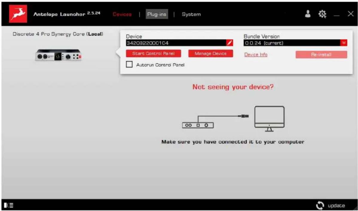 Antelope Launcher 2.5.24 Devices | Plug-ins | System Discrete 4 Pro Synergy Core (Local) Device 3420822000104 Start Control Panel Manage Device Autorun Control Panel Bundle Version 0.0.24 (current) Device Info Re-install Not seeing your device? Make sure you have connected it to your computer