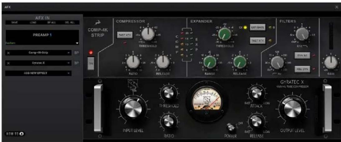 AFX AFX IN Multi Load SP ALL SO ALL PREAMP 1 PREAM 1 Comp-4K-Strip Gyratec X ADD NEW EFFECT COMP-4K STRIP COMPRESSOR FAST ATH THRESHOLD EXPANDER 20 30 40 50 60 70 80 90 100 110 120 130 140 150 160 170 180 190 200 OUT RHY PRE-DYN GYRATEC X VAN-HU TUBE COMpressor INPUT LEVEL RATIO POWER OFF A FAST LOW B EAST SLOW C OUTPUT LEVEL BOW TO