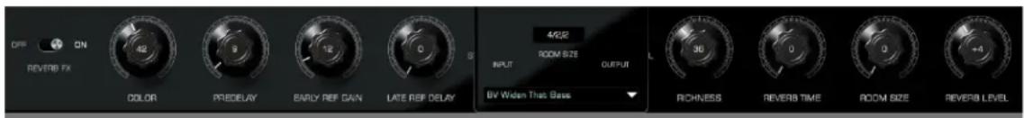 OFF ON REVERB FX 42 9 12 0 S 4/2/2 ROOM SIZE INPUT OUTPUT BY Widen That Base 36 0 0 +4 RICHNESS REVERB TIME ROOM SIZE REVERB LEVEL