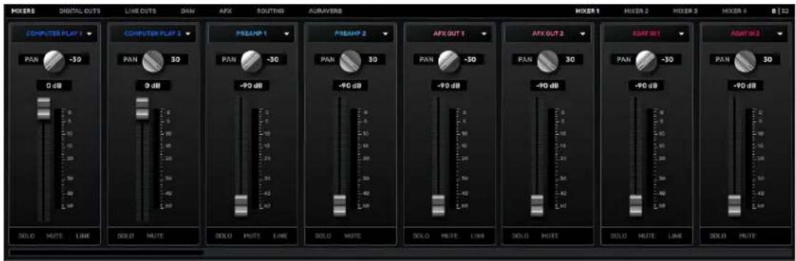 MIXERS DIGITAL OUTS LINE OUTS DAV AFX SOUTING AURAVENB MIXER 1 MIXER 2 MIXER 3 MIXER 4 8 | 32 COMPUTER PLAY 1 PAN -30 0 dB COMPUTER PLAY 2 PAN -30 0 dB PREAM 1 PAN -30 -90 dB PREAM 2 PAN -30 -90 dB AFXOUT 1 PAN -30 -90 dB AFXOUT 2 PAN -30 -90 dB ASAR 01 PAN -30 -90 dB ASPAR 2 PAN -30 -90 dB SOLO MUTE LINE SOLO MUTE LINE SOLO MUTE LINE SOLO MUTE LINE SOLO MUTE LINE SOLO MUTE LINE