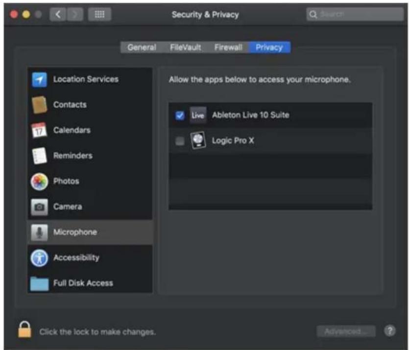 Security & Privacy General FileVault Firewall Privacy Location Services Contacts Calendars Reminders Photos Camera Microphone Accessibility Full Disk Access Allow the apps below to access your microphone. Live Ableton Live 10 Suite Logic Pro X Click the lock to make changes. Advanced... ?