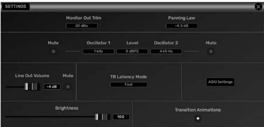 SETTINGS Monitor Out Trim 20 dBu Panning Law -4.5 dB Mute Oscillator 1 Level Oscillator 2 Mute 1 kHz 0 dBFS 440 Hz Line Out Volume Mute -4 dB TB Latency Mode Fast ASIO Settings Brightness 100 Transition Animations