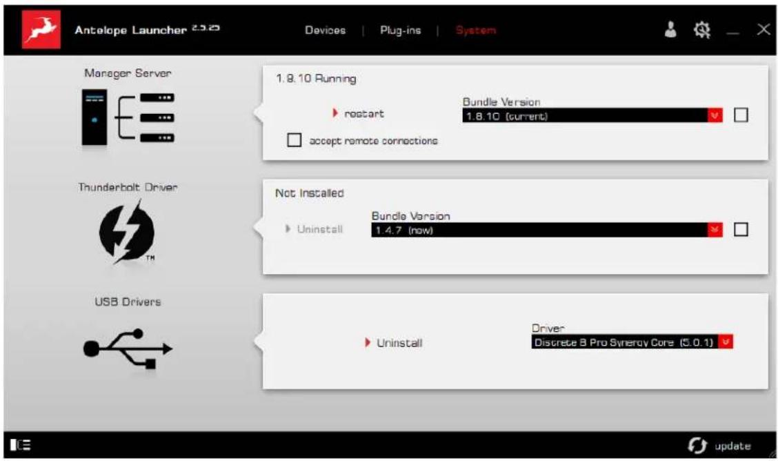 Antelope Launcher 3.2.0 Devices | Plug-ins | System Manager Server 1.8.10 Running ▶ restart Bundle Version 1.8.10 (current) □ accept remote connections Thunderbolt Driver Th Not Installed ▶ Uninstall Bundle Version 1.4.7 (now) USB Drivers ▶ Uninstall Driver Discrete B Pro Synergy Core (5.0.1) Update