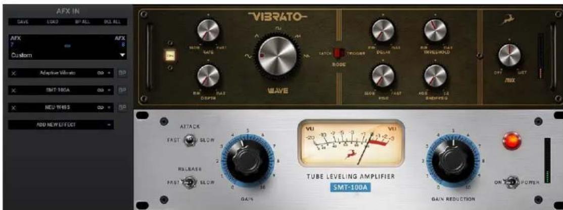 AFX IN AVGUE LOAD BP ALL BCL RLL AFX 7 8 Custom Adaptive VIBRATO SMT-100A HUW455 ADD NEW EFFECT VIBRATO- WAVE MOKE FAST DAIS LATCH TROGGER DELAER MINI THYAN INVEHOLD DFF SET MIX ATTACK FAST SLOW RELEASE FAST SLOW GAU4 TUBE LEVELING AMPLIFIER SMT-100A VU -20 10 7 5 3 7 1 2 3 3 4 5 6 7 8 9 10 11 12 13 3 4 5 6 7 8 9 10 11 12 13 ON GAIN REDUCTION