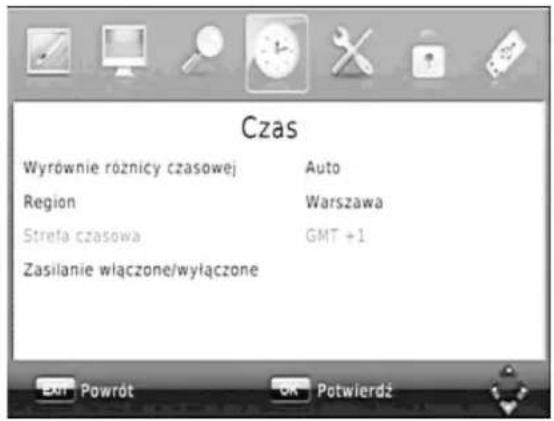 Czas Wyrównie różnicy czasowej Auto Region Warszawa Streła czasowa GMT +1 Zasilanie włączone/wyłączone Exit Powrót OK Potwierdź