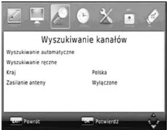 Wyszukiwanie kanałów Wyszukiwanie automatyczne Wyszukiwanie ręczne Kraj Polska Zasilanie anteny Wyłączone