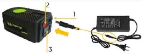Diagram showing a power adapter connected to an electronic charger with labeled parts and wiring connections