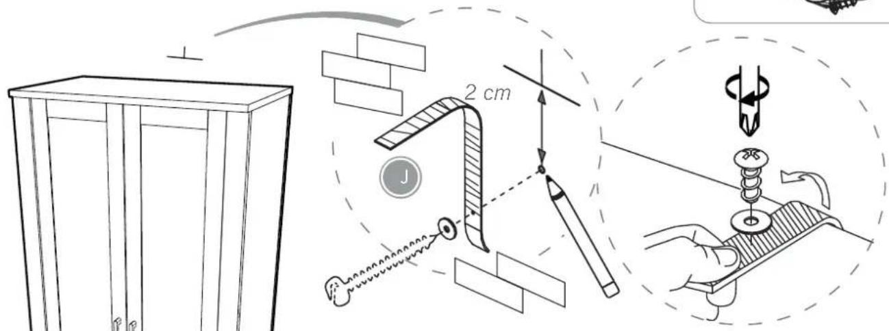 Technical diagram illustrating a mechanical assembly with labeled components and dimensions, including a 2 cm measurement and a hand holding a screw.