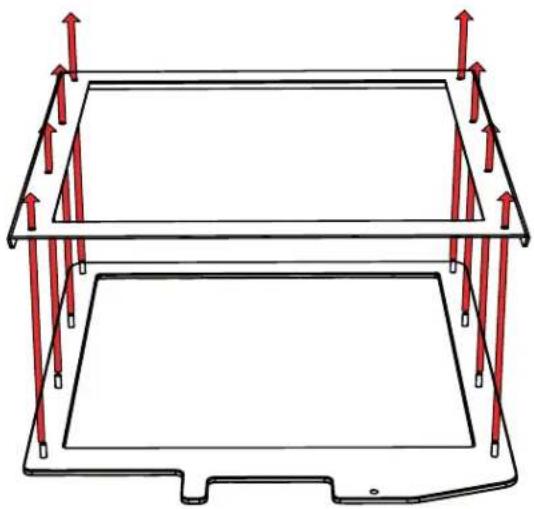 Diagram of a rectangular frame with red arrows indicating upward force or direction, no text or symbols present
