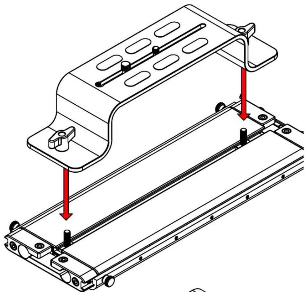Technical line drawing of a mechanical assembly with red arrows indicating assembly steps (no text or symbols present)