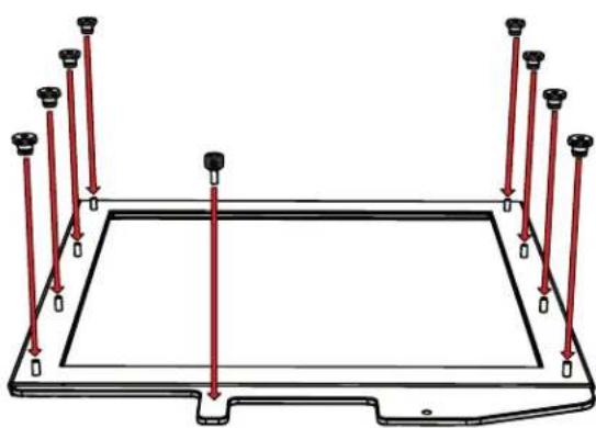 Technical line drawing of a rectangular frame with vertical red arrows indicating force or movement (no text or symbols)