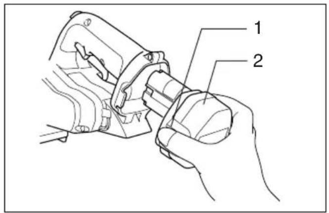 Technical diagram showing a hand holding a mechanical component with labeled parts 1 and 2