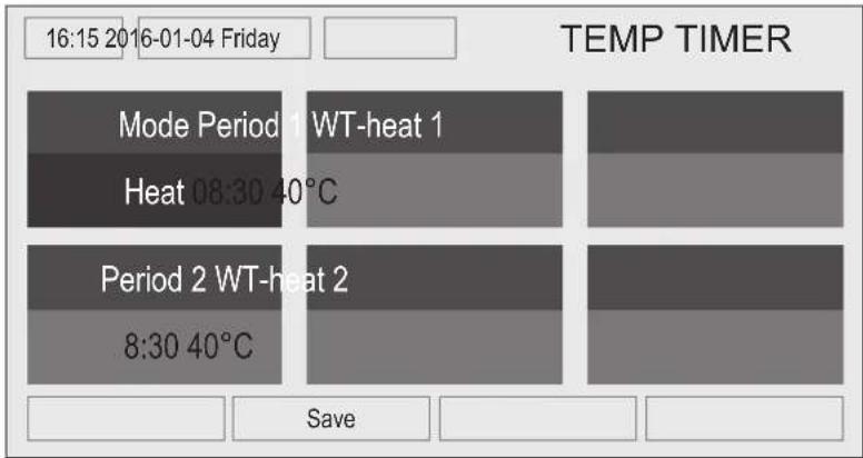 16:15 2016-01-04 Friday TEMP TIMER Mode Period 1 WT-heat 1 Heat 08:30 40°C Period 2 WT-heat 2 8:30 40°C Save