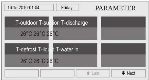 16:15 2016-01-04 Friday PARAMETER T-outdoor T-suction T-discharge 26°C 26°C 26°C T-defrost T-liquid T-water in 26°C 26°C 26°C Last Next