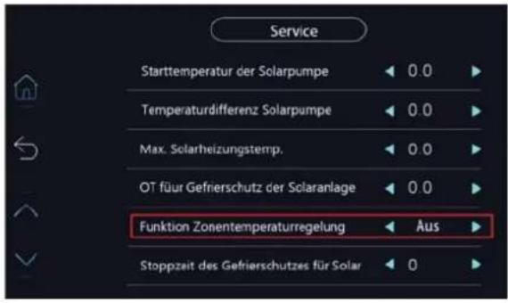 Service Starttemperatur der Solarpumpe 0.0 Temperatürdifferenz Solarpumpe 0.0 Max. Solarheizungstemp. 0.0 OT für Gefrierschutz der Solaranlage 0.0 Funktion Zonentemperaturregelung Aus Stoppzeit des Gefrierschutzes für Solar 0