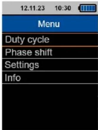 12.11.23 10:30 Menu Duty cycle Phase shift Settings Info