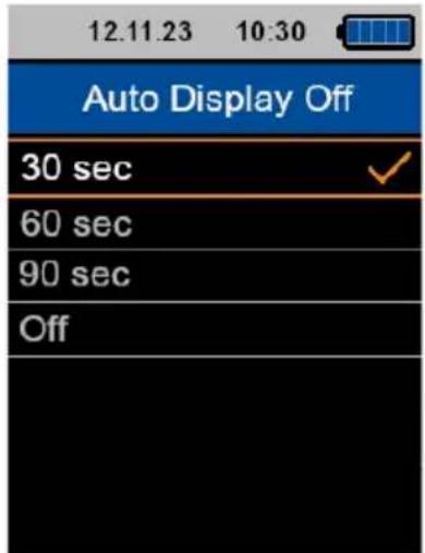 12.11.23 10:30 Auto Display Off 30 sec ✓ 60 sec 90 sec Off