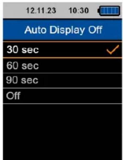 12.11.23 10:30 Auto Display Off 30 sec ✓ 60 sec 90 sec Off