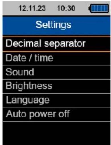 12.11.23 10:30 Settings Decimal separator Date / time Sound Brightness Language Auto power off