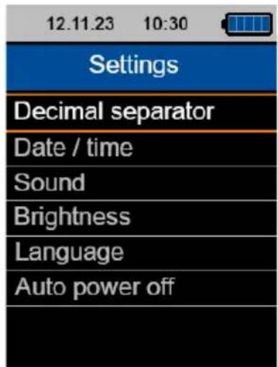 12.11.23 10:30 Settings Decimal separator Date / time Sound Brightness Language Auto power off