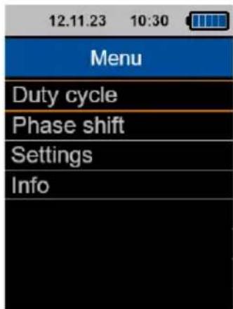 12.11.23 10:30 Menu Duty cycle Phase shift Settings Info