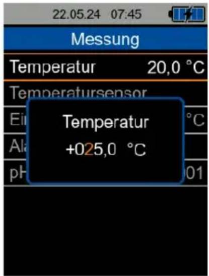22.05.24 07:45 Messung Temperatur 20,0 °C Temperatursensor Ein Ala pH Temperatur +025,0 °C 01