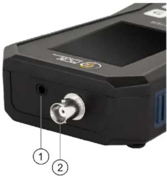 Close-up of a black electronic device with labeled ports and a circular logo, showing numbered annotations.