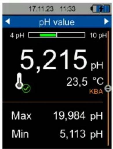 pH value 4 pH 10 pH 5,215 pH 23,5 °C KBA Max 19,984 pH Min 5,113 pH