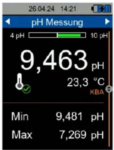 26.04.24 14:21 pH Messung 4 pH 10 pH 9,463 pH 23,3 °C KBA Min 9,481 pH Max 7,269 pH