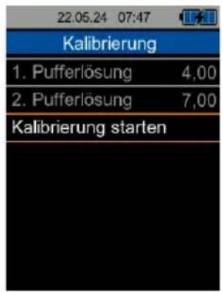 22.05.24 07:47 Kalibrierung 1. Pufferlösung 4,00 2. Pufferlösung 7,00 Kalibrierung starten