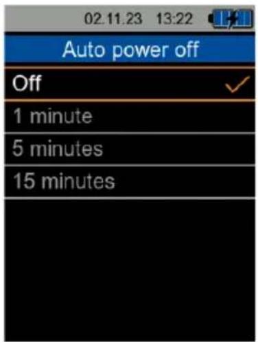 02.11.23 13:22 Auto power off Off 1 minute 5 minutes 15 minutes