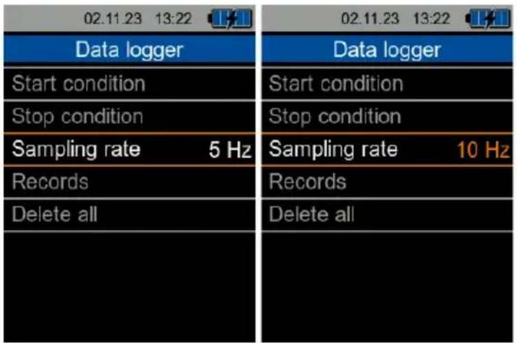 02.11.23 13:22 Data logger Start condition Stop condition Sampling rate 5 Hz Records Delete all Data logger Start condition Stop condition Sampling rate 10 Hz Records Delete all