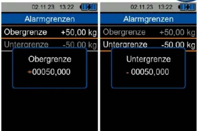 02.11.23 13:22 Alarmgrenzen Obergrenze +50,00 kg Unterarenze -50,00 kg Obergrenze +00050,000 Alarmgrenzen Obergrenze +50,00 kg Unterarenze -50,00 kg Untergrenze - 00050,000