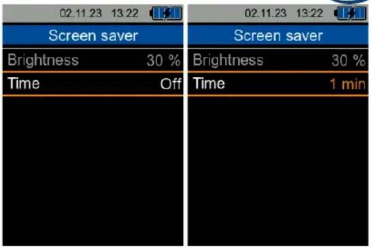 02.11.23 13:22 Screen saver Brightness 30 % Time Off Screen saver Brightness 30 % Time 1 min
